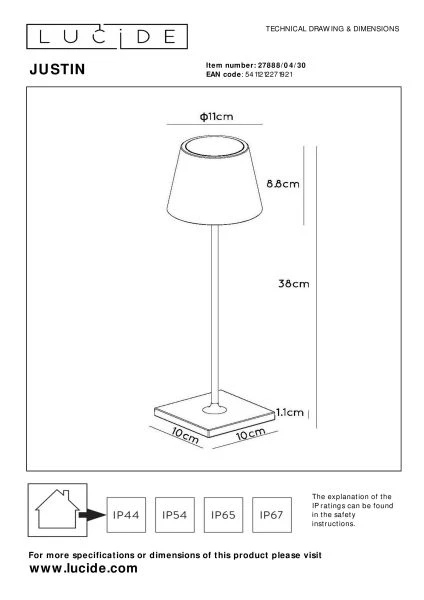 Lucide JUSTIN - Lampe de table Rechargeable Intérieur/Extérieur - Batterie/Piles - Ø 11 cm - LED Dim. - CCT - 1x2,2W 2700K/3000K - IP54 - Noir - technique